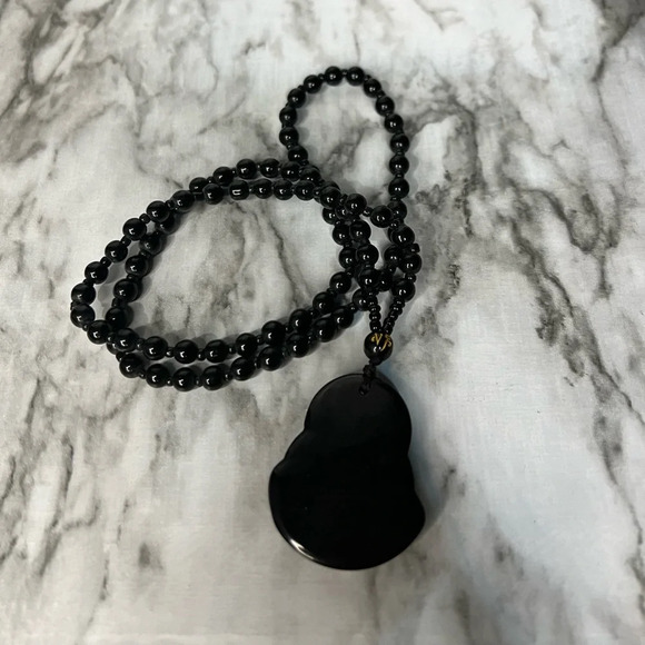 JADE obsidian Black  Hand Carved Maitreya Buddah Pendant Necklace - Picture 7 of 10